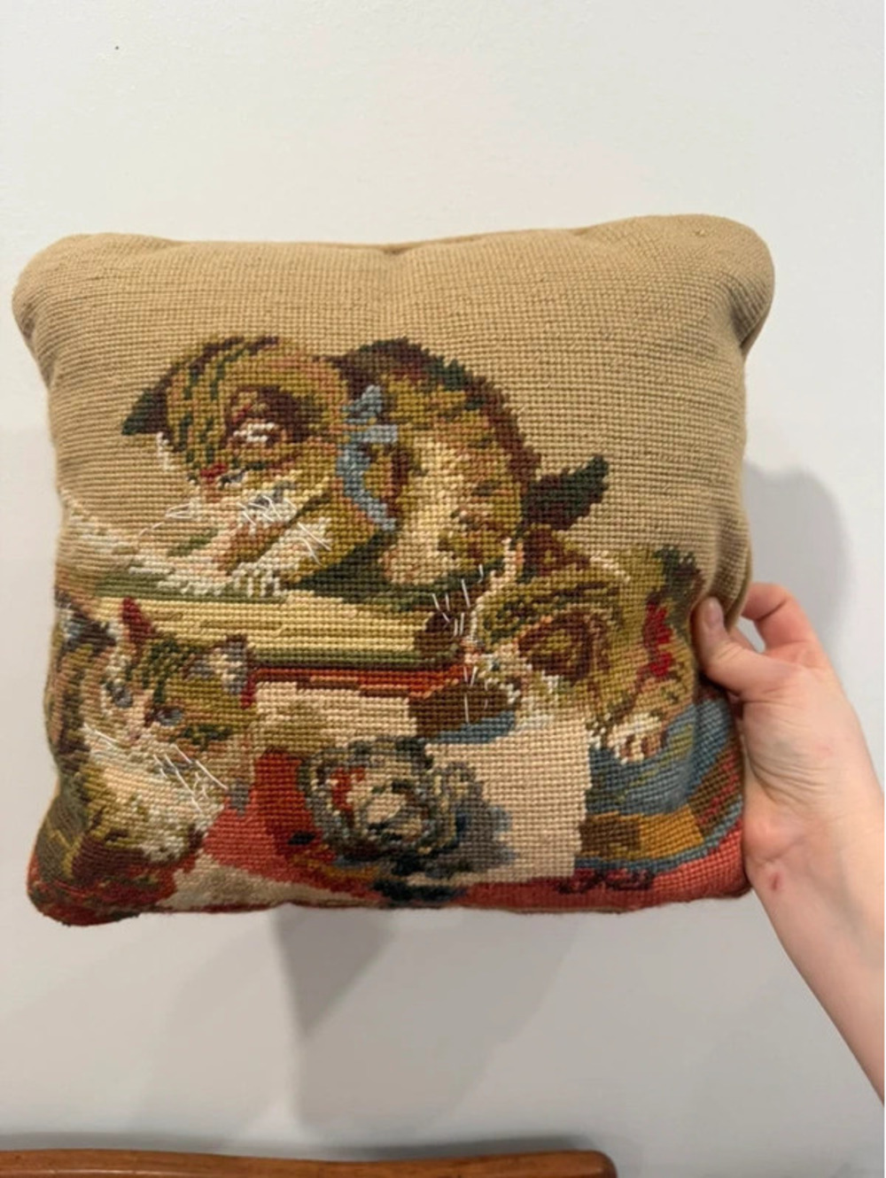 Vintage Needlepoint Cat Pillow Tapestry Kitty Kitchen Decorative Throw Pillow